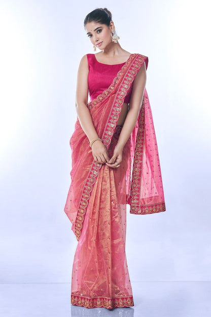 Magenta Party Wear Saree With Heavy Border Lace Work