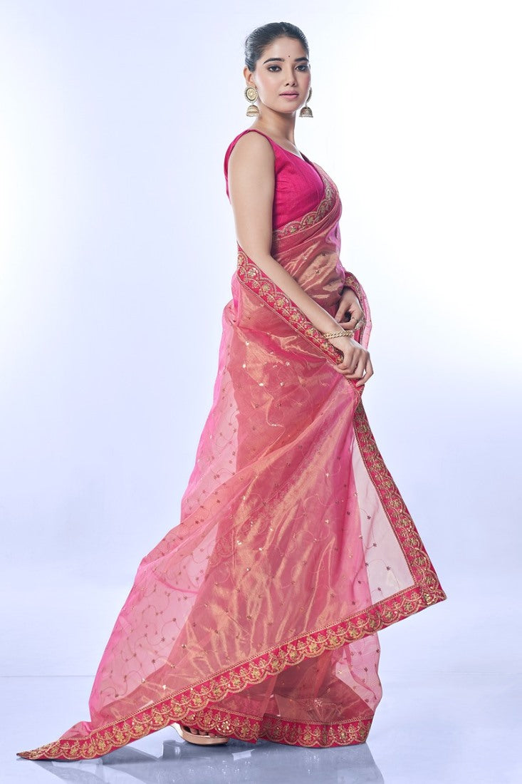 Magenta Party Wear Saree With Heavy Border Lace Work