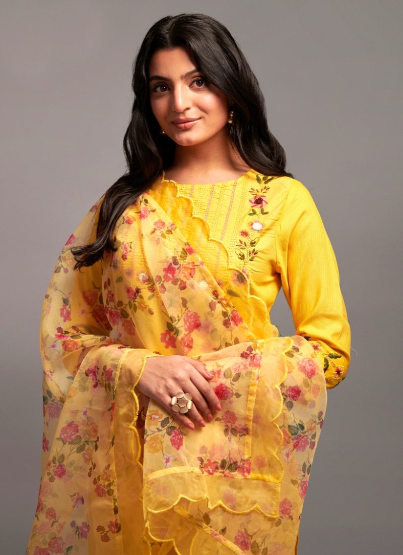 Yellow Viscose Pant Style Salwar Suit-2