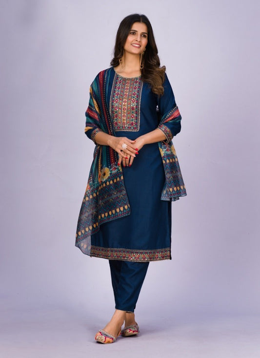 Blue Viscose Pant Style Salwar Suit