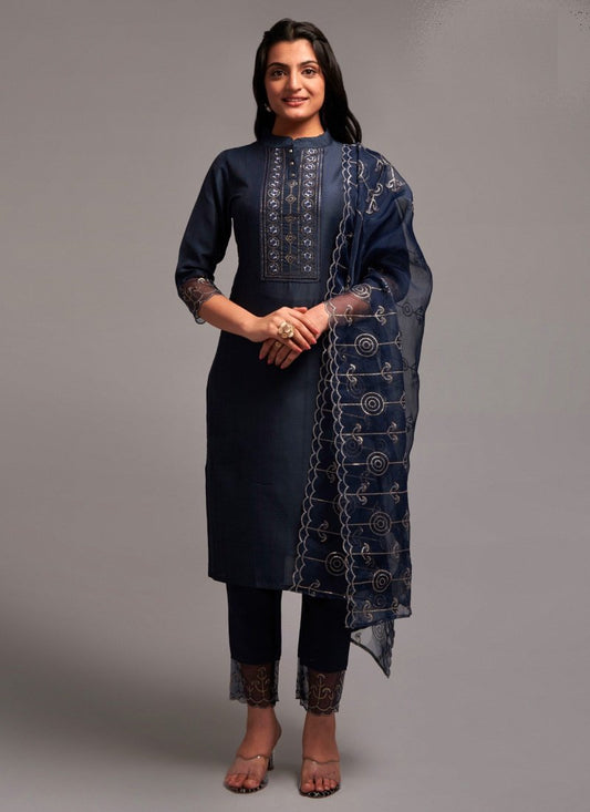 Blue Chinon Pant Style Salwar Suit