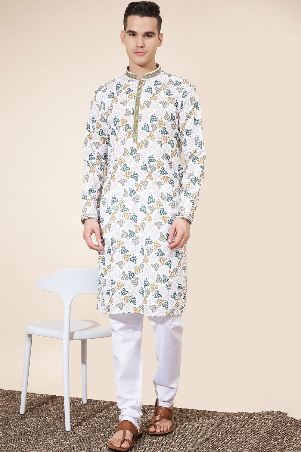 White Cotton Printed Kurta Pajama With Lucknowi, Sequins and Thread Work