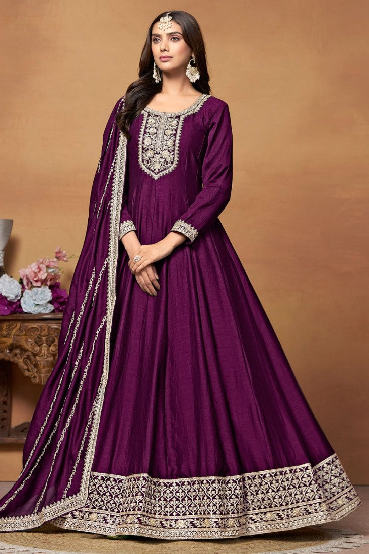 Purple Art Silk Anarkali Suit With Embroidery Work