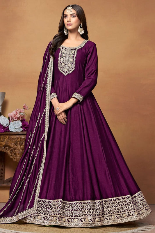 Purple Art Silk Anarkali Suit With Embroidery Work