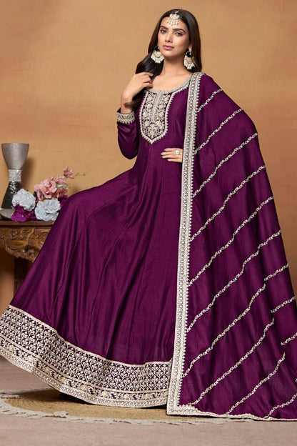 Purple Art Silk Anarkali Suit With Embroidery Work