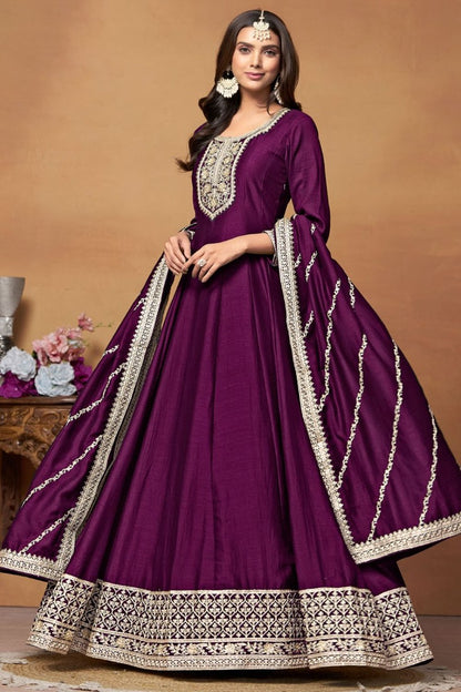 Purple Art Silk Anarkali Suit With Embroidery Work