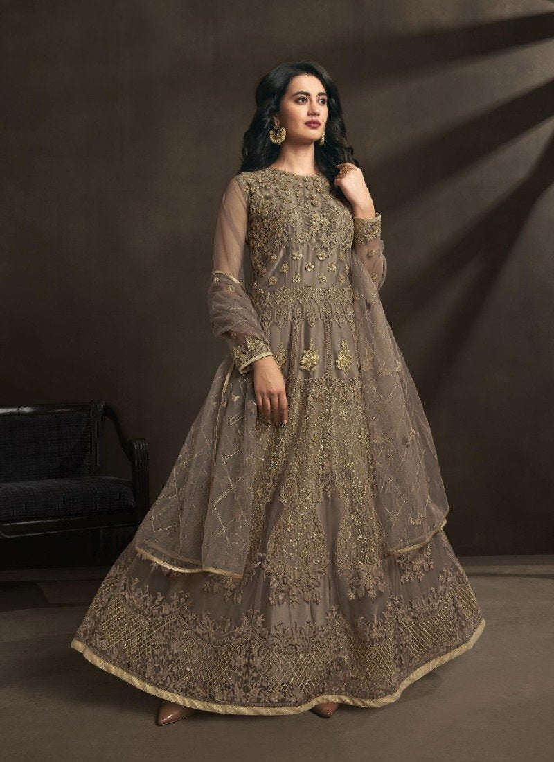 Brown Long Anarkali Suit With Embroidery Work