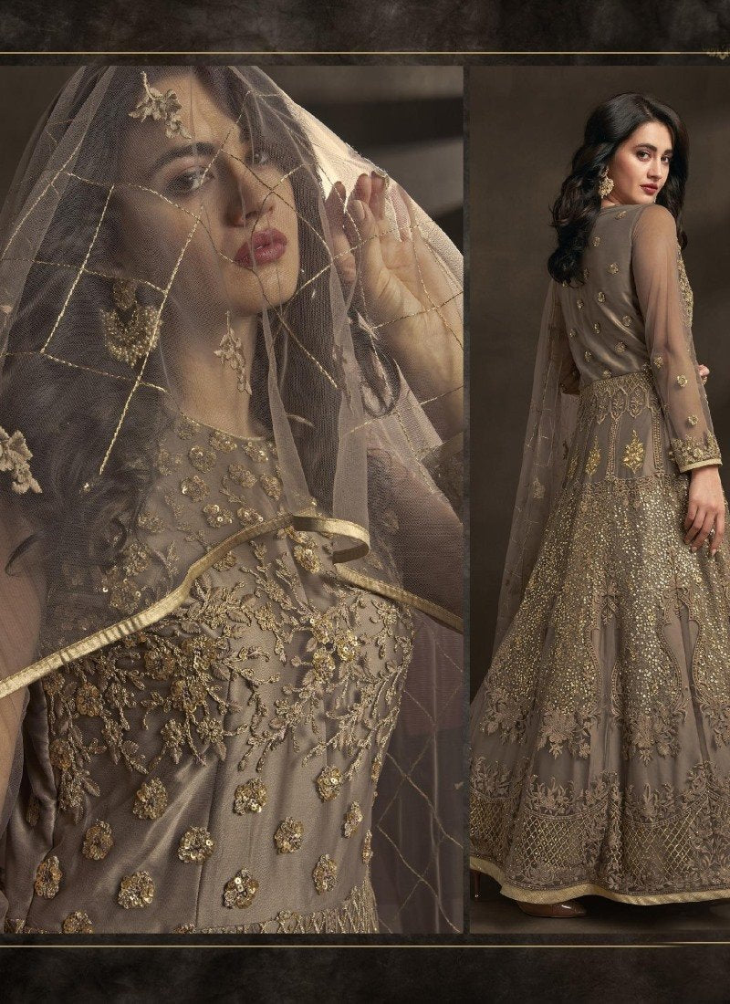 Brown Long Anarkali Suit With Embroidery Work