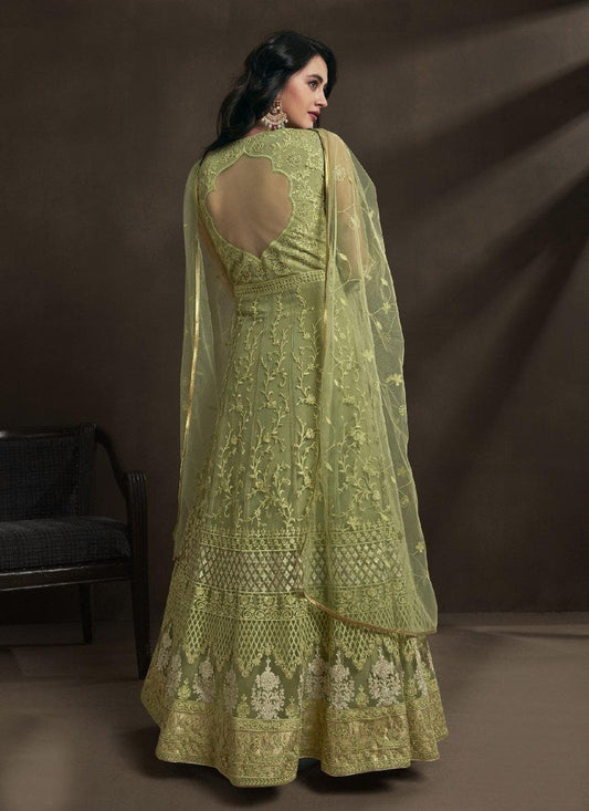 Pista Green Long Anarkali Suit With Embroidery Work