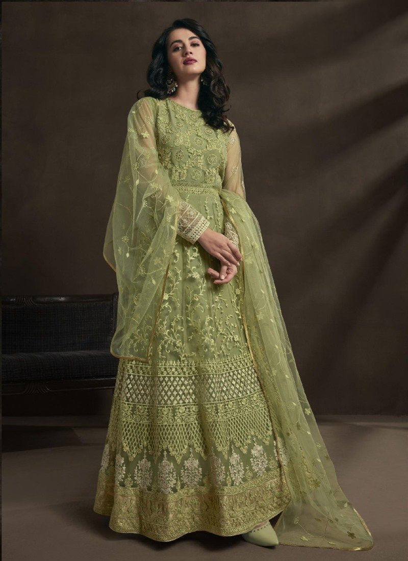 Pista Green Long Anarkali Suit With Embroidery Work