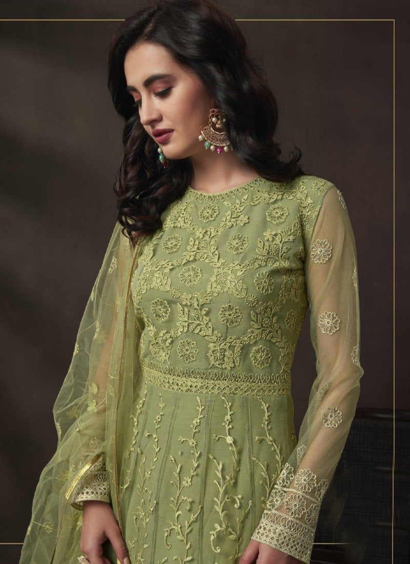 Pista Green Long Anarkali Suit With Embroidery Work