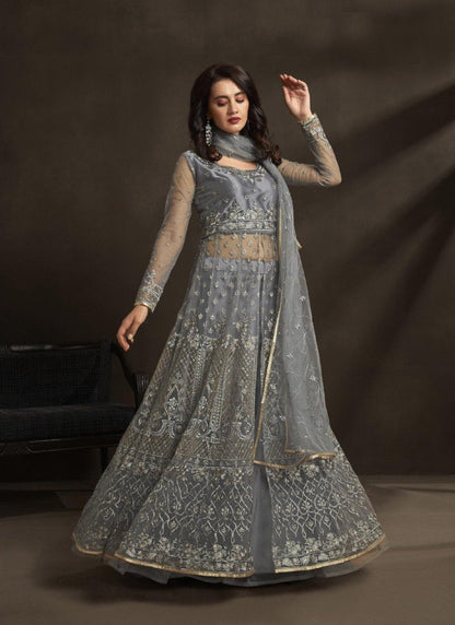 Gray Long Anarkali Suit With Embroidery Work