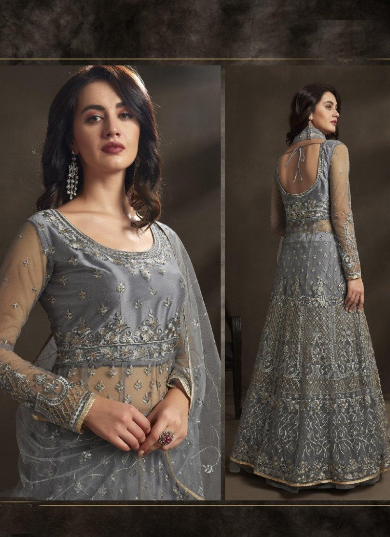 Gray Long Anarkali Suit With Embroidery Work