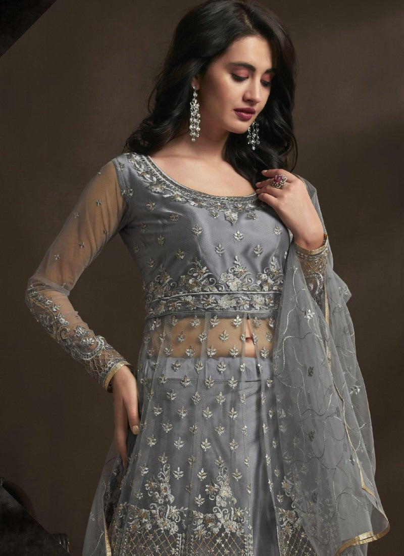 Gray Long Anarkali Suit With Embroidery Work