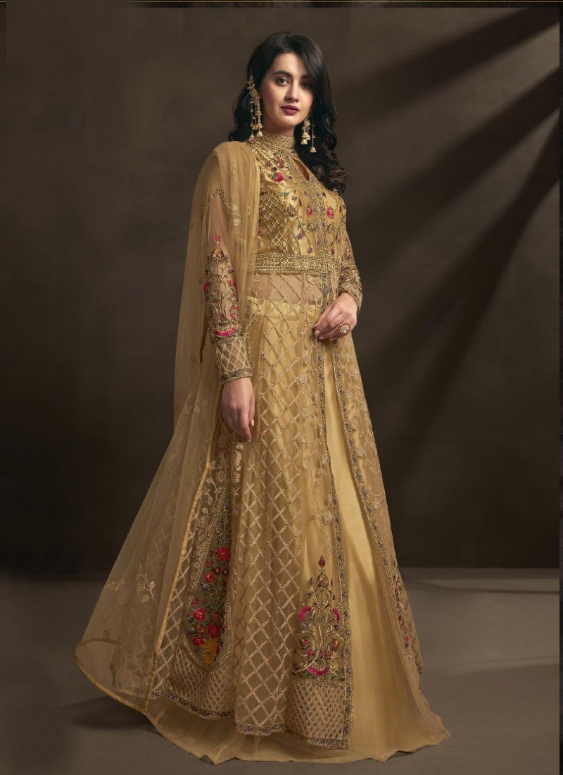 Golden Long Anarkali Suit With Embroidery Work