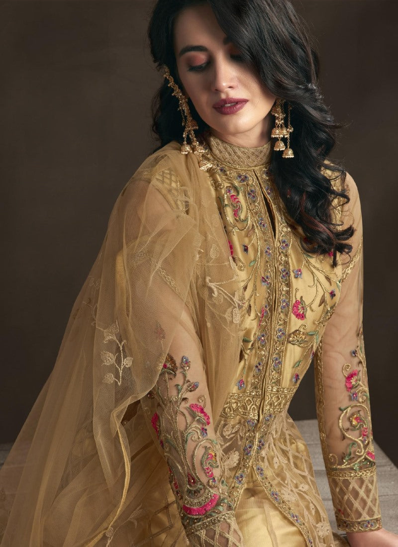 Golden Long Anarkali Suit With Embroidery Work