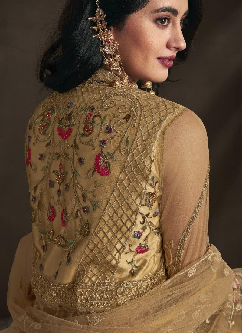 Golden Long Anarkali Suit With Embroidery Work