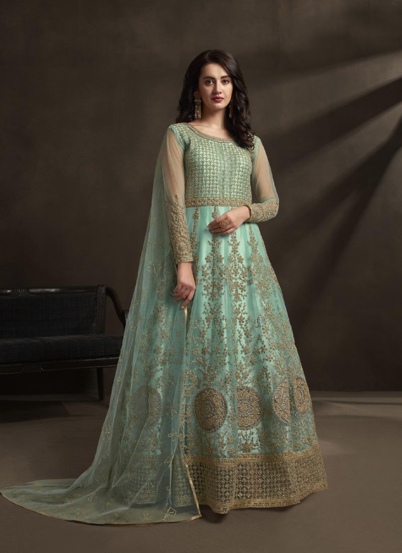 Aqua Blue Long Anarkali Suit With Embroidery Work