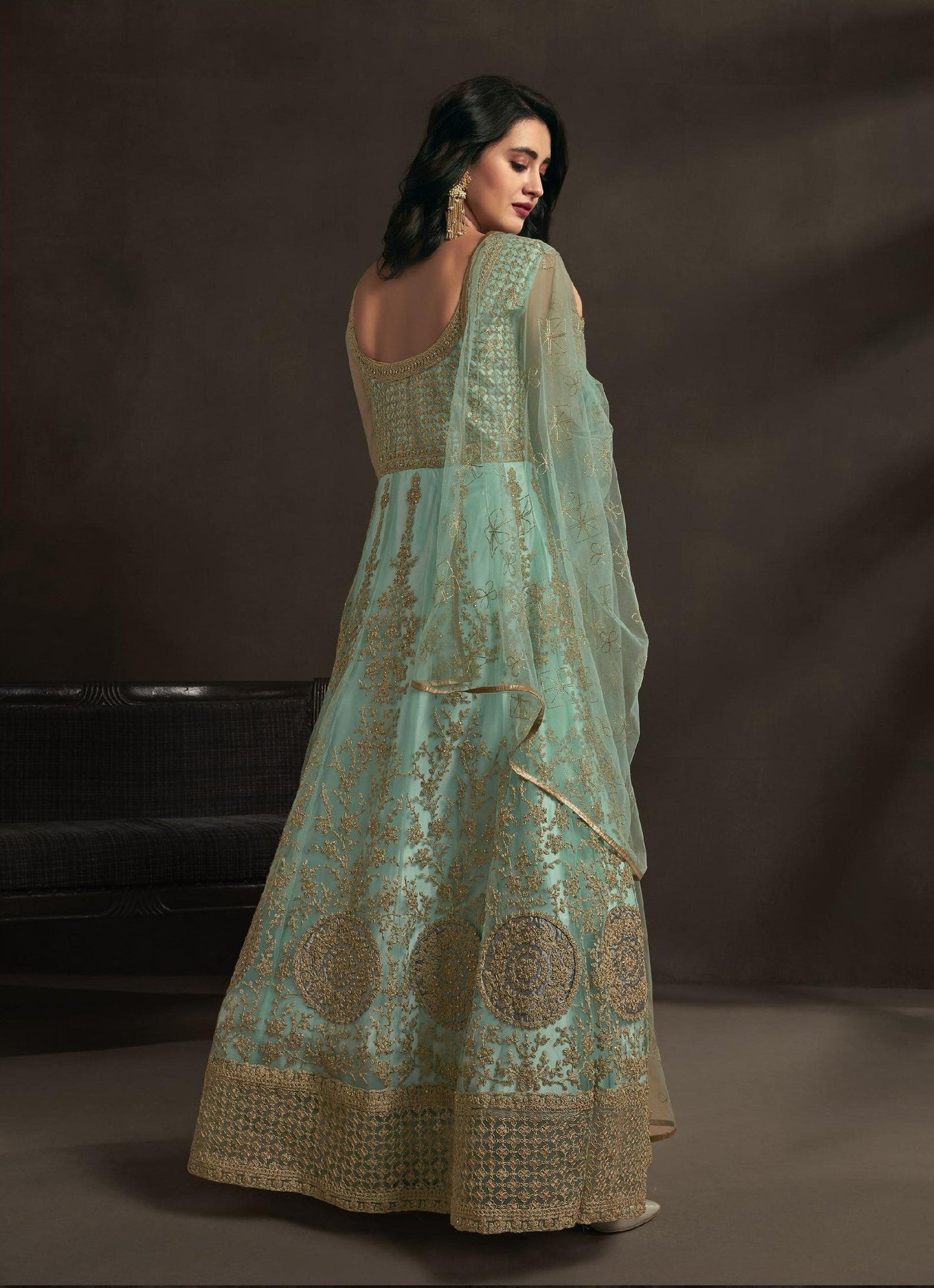 Aqua Blue Long Anarkali Suit With Embroidery Work