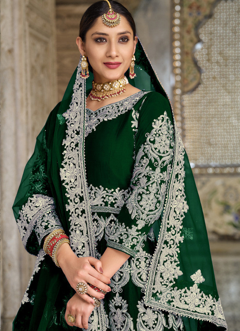 Dark Green Velvet Abaya Style Center Silt Anarkali Suit with Heavy Embroidery Work-2