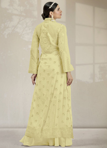 Yellow Georgette Jacket Style Palazzo Suit With Real Mirror Work Embroidery-2