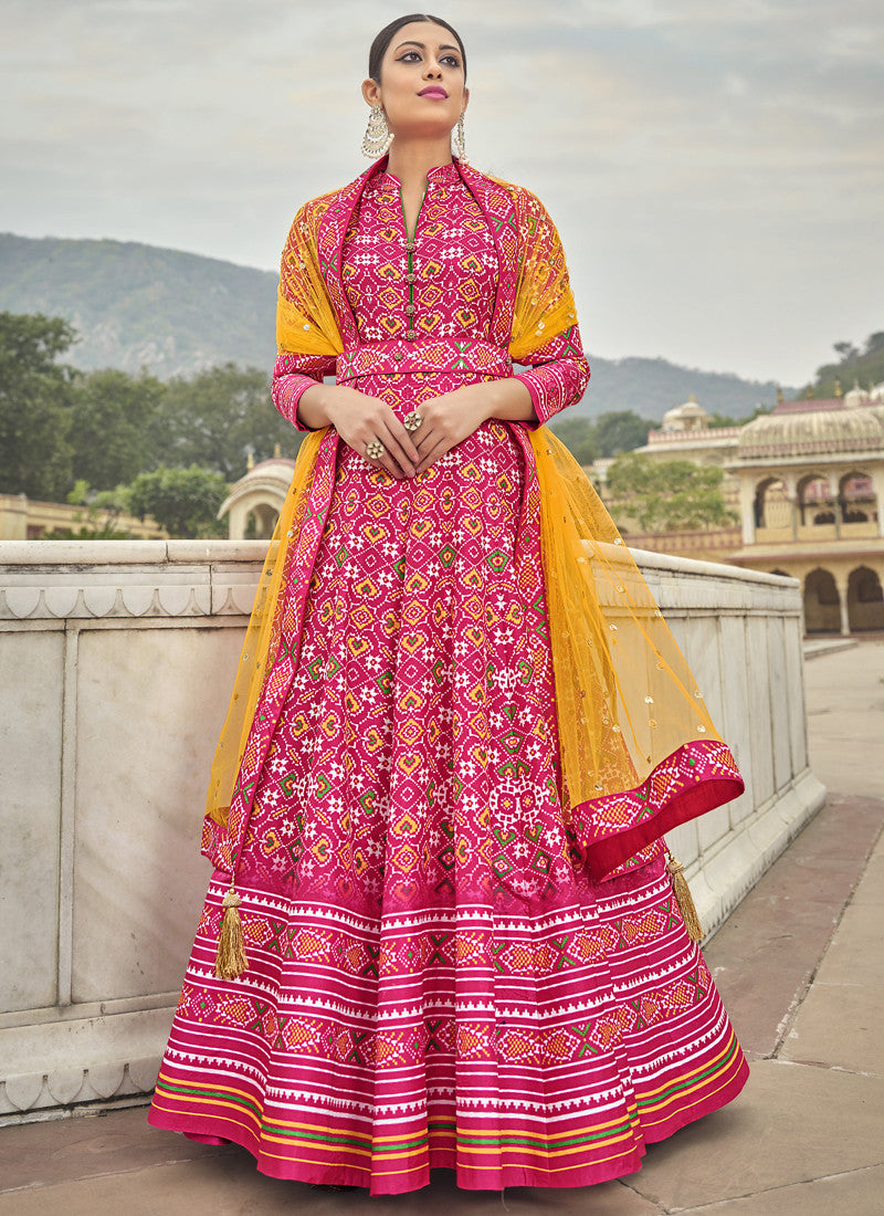 Pink Silk Patola Printed Anarkali Gown