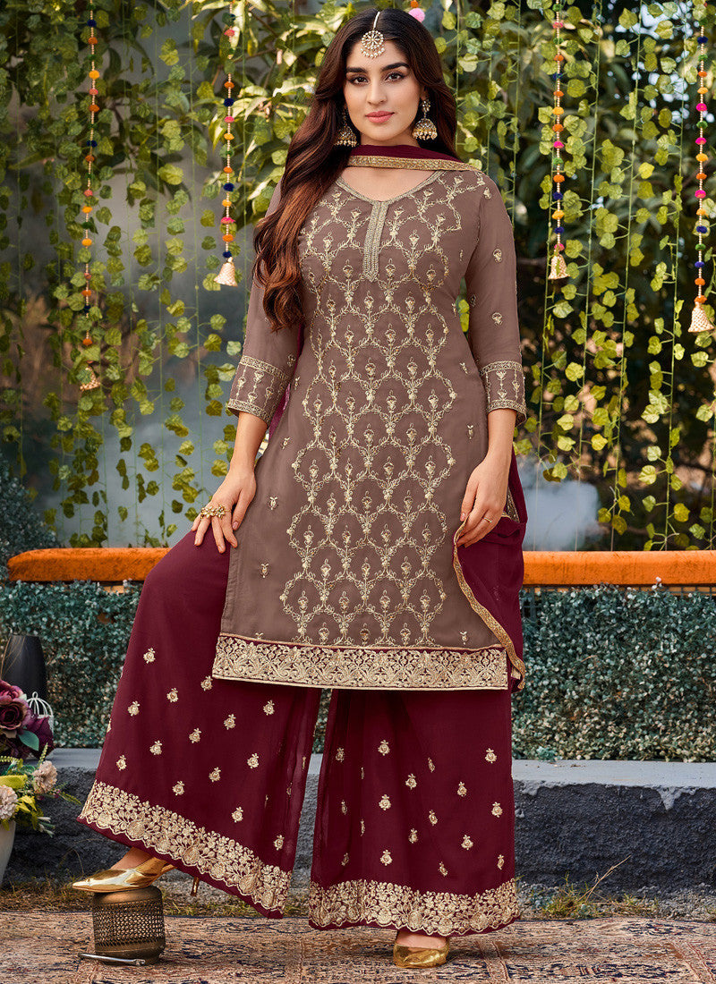 Brown Georgette Palazzo Suit With Embroiderey