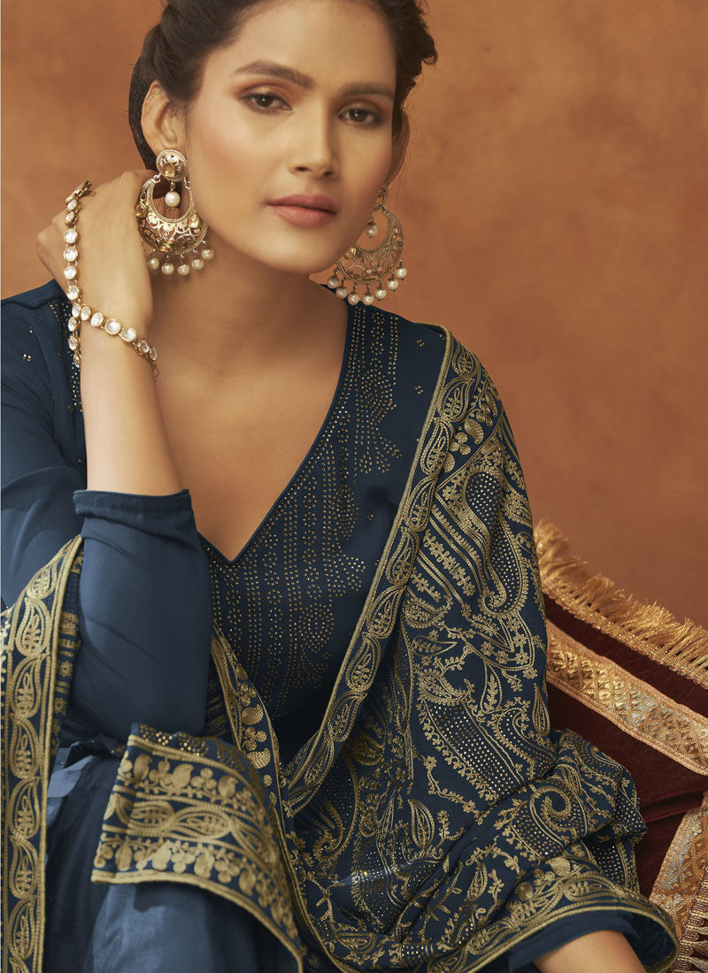 Navy Blue Georgette Wide Palazzo Suit-2