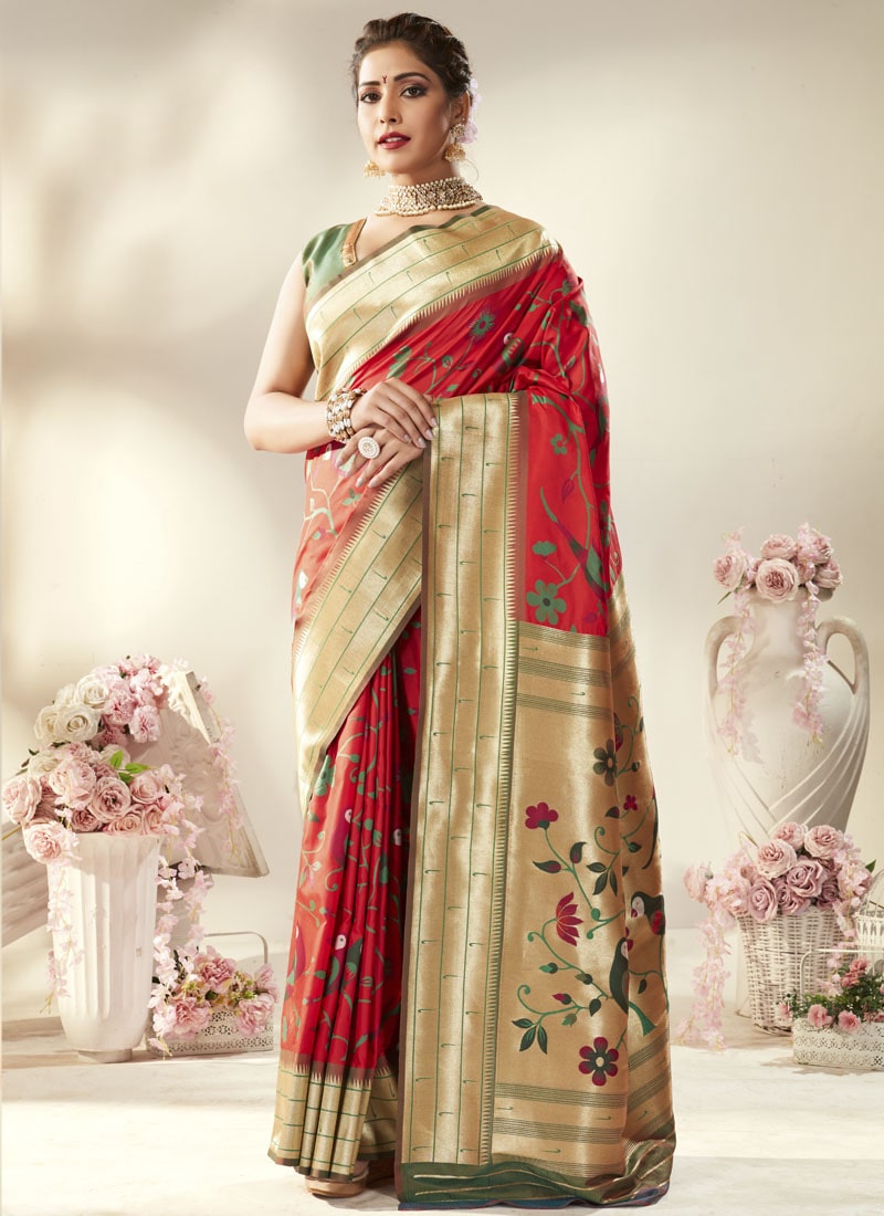 Red Silk Paithani Saree with Minakari Weaving