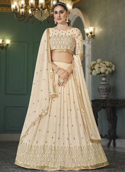 Beige Georgette Lehenga Choli With Embroidered, Thread and Sequins Work