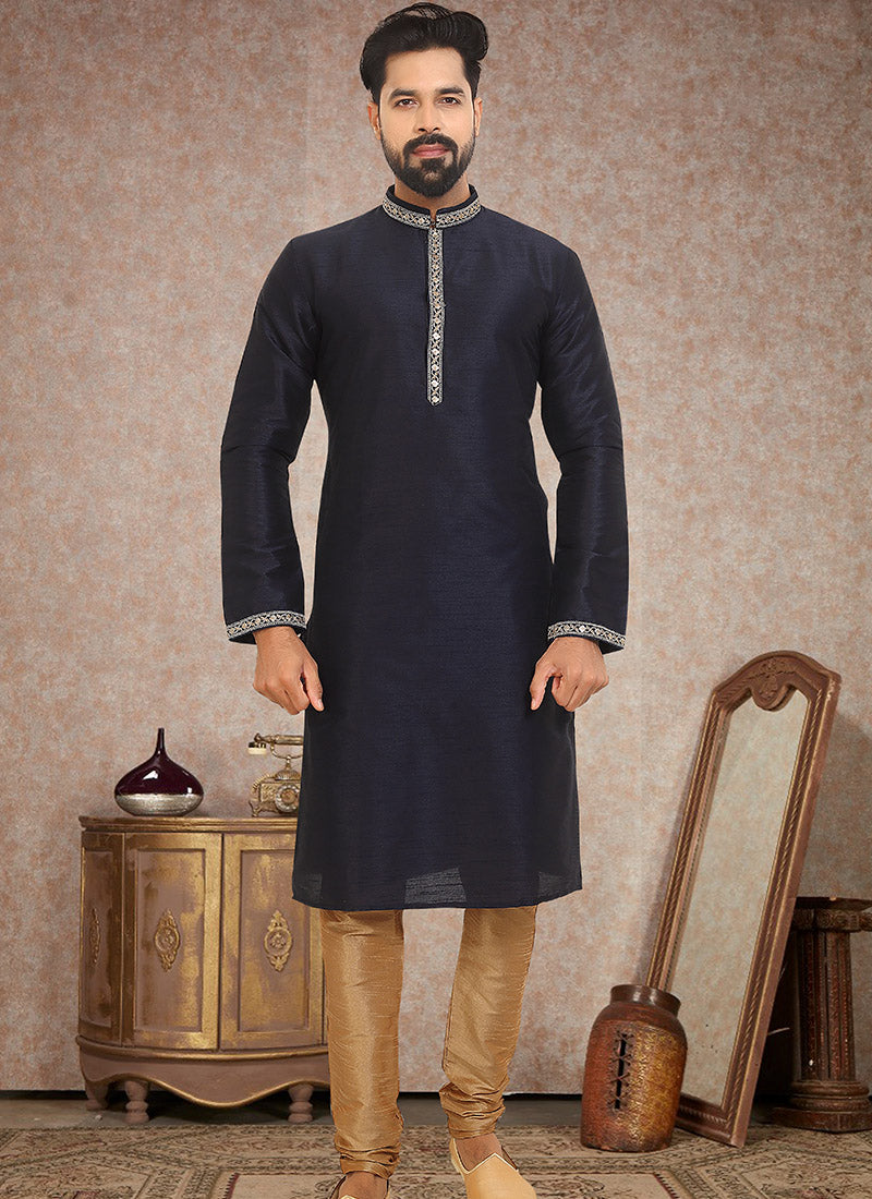 Navy Blue Dupion Silk Men's Kurta Pajama