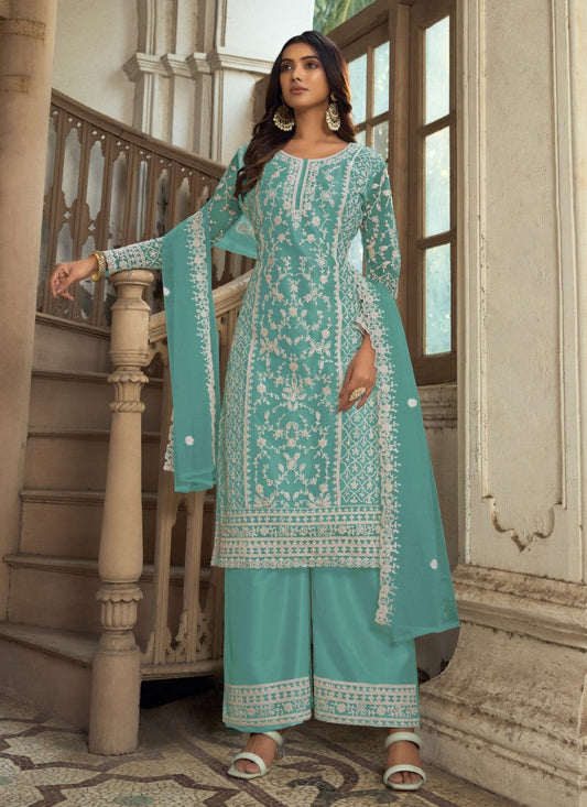 Aqua Satin Palazzo Suit with Embroidered Work