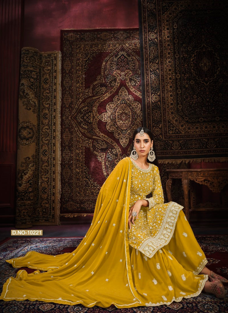 Yellow Embroidered Sharara Suit-2