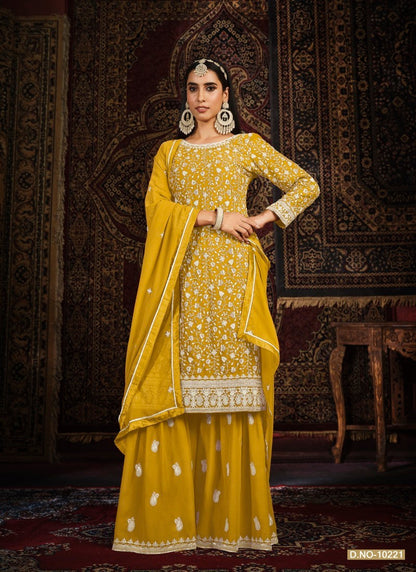 Yellow Embroidered Sharara Suit-2