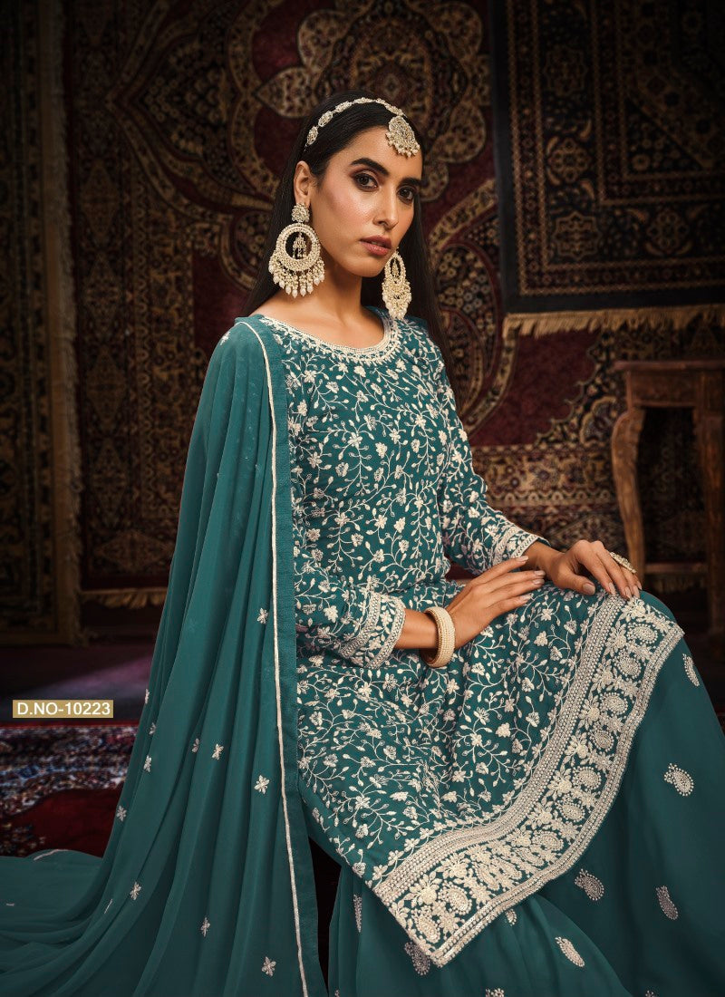 Teal Blue Embroidered Sharara Suit-2