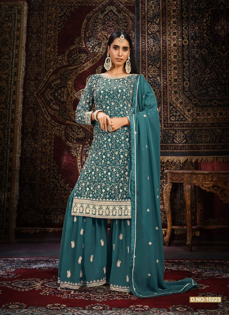 Teal Blue Embroidered Sharara Suit