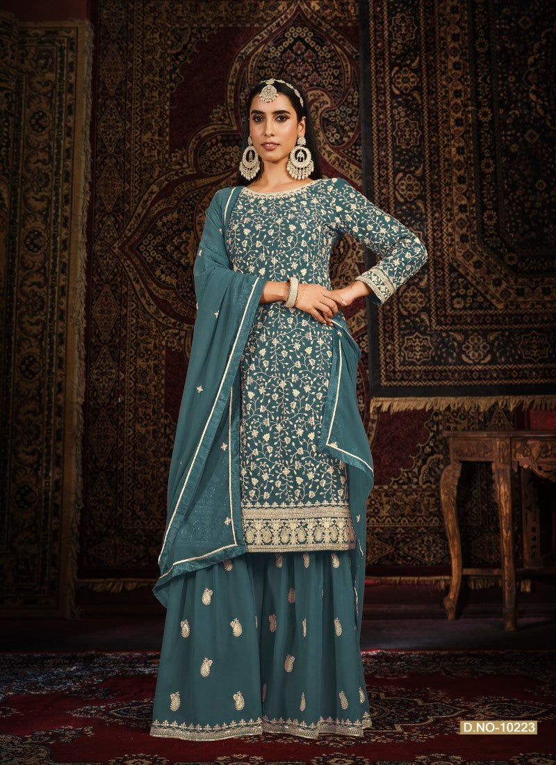 Teal Blue Embroidered Sharara Suit-2