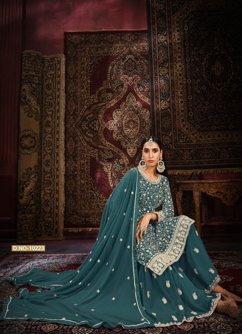 Teal Blue Embroidered Sharara Suit-2