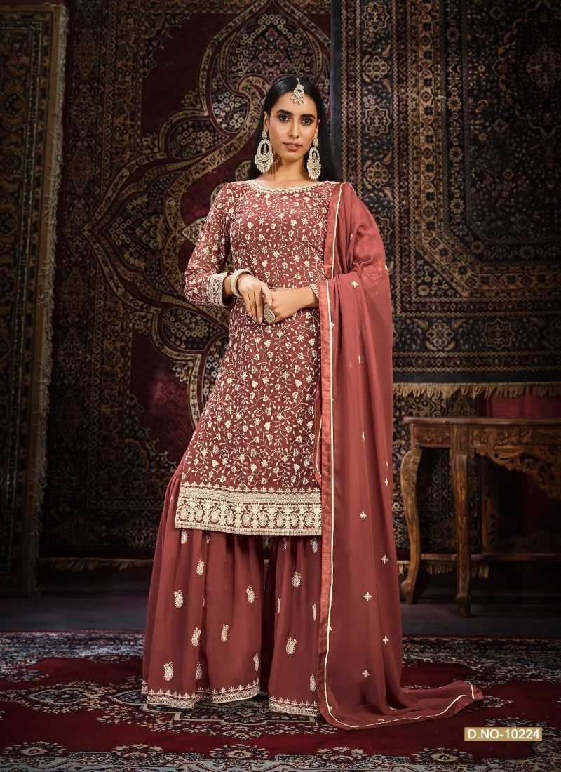 Maroon Embroidered Sharara Suit