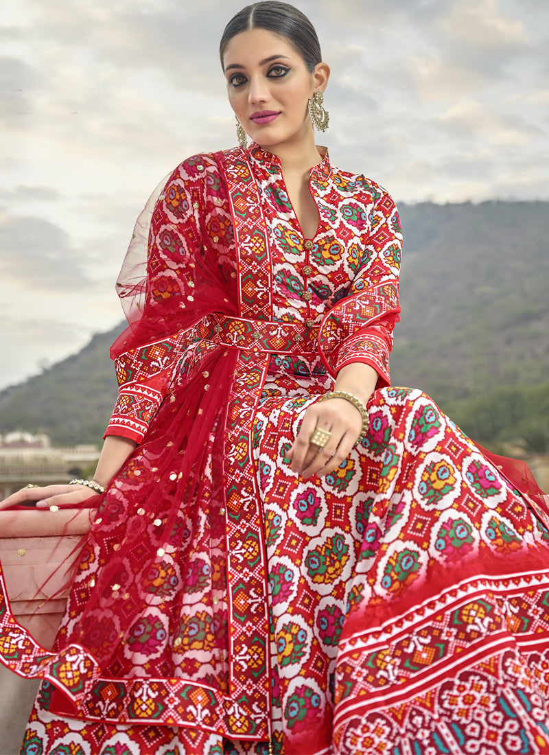 Red Silk Patola Printed Anarkali Gown-2