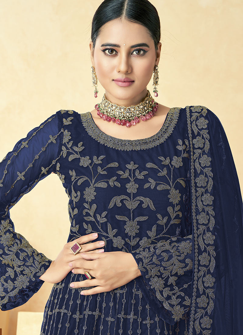 Blue Embordered Anarkali Suit With Bell Sleeves-2