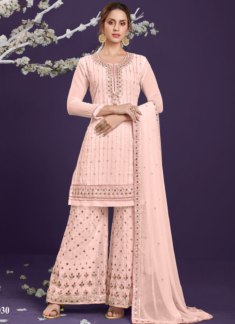 Peach Embordered Sharara Suit-2