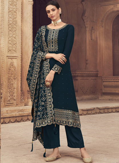 Teal Georgette Straight Cut Salwar Suit