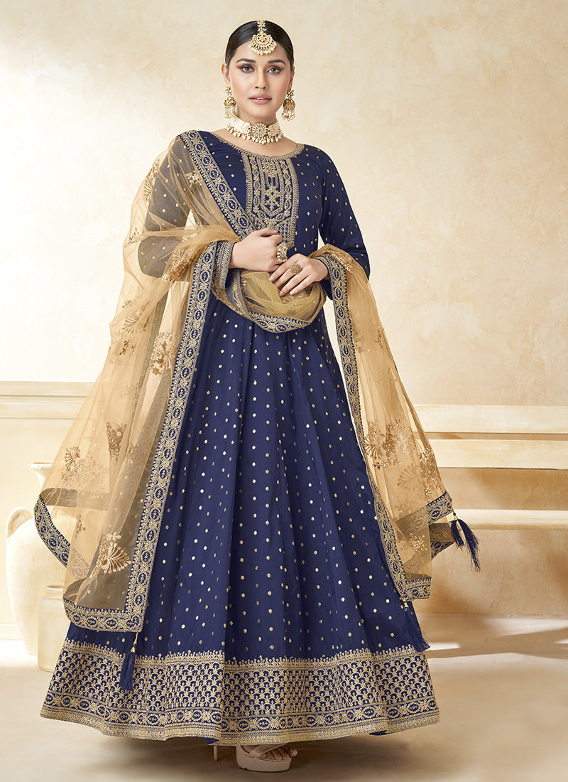 Blue Taffeta Silk Anarkali Suit