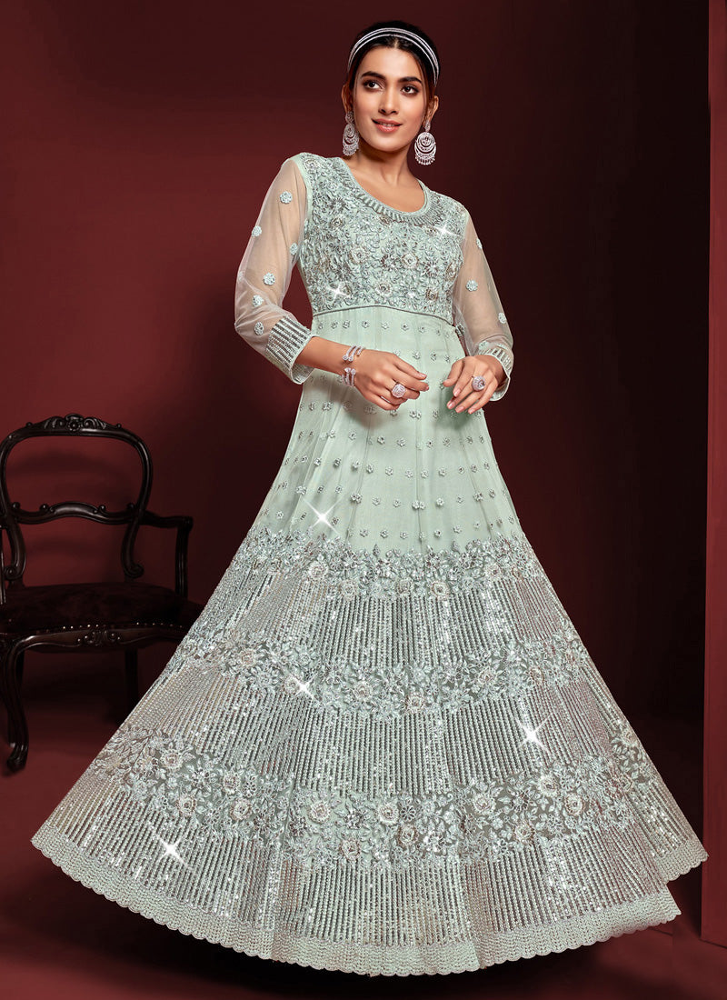 Aqua Embroidered Anarkali Suit