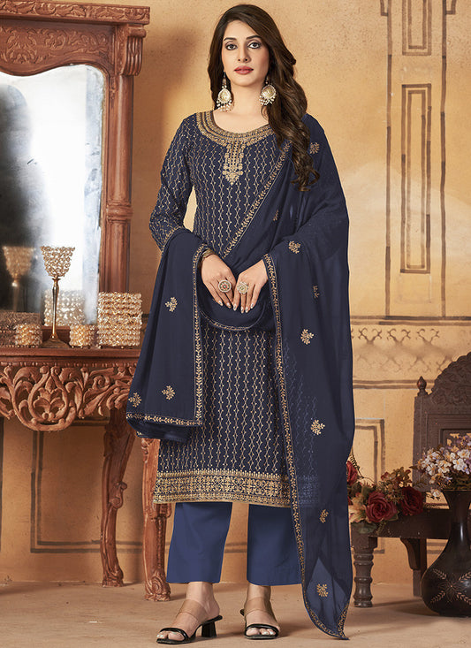 Navy Blue Georgette Straight Cut Long Salwar Suit