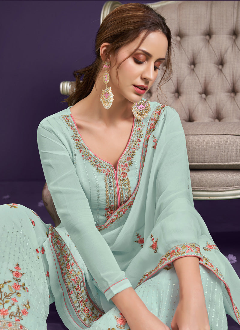 Aqua Embordered Sharara Suit-2