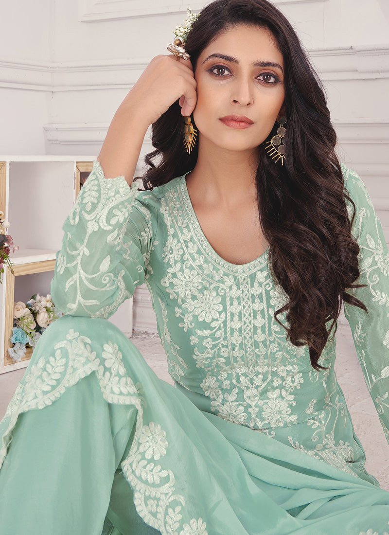 Aqua Green Pant Style Straight Salwar Suit-2