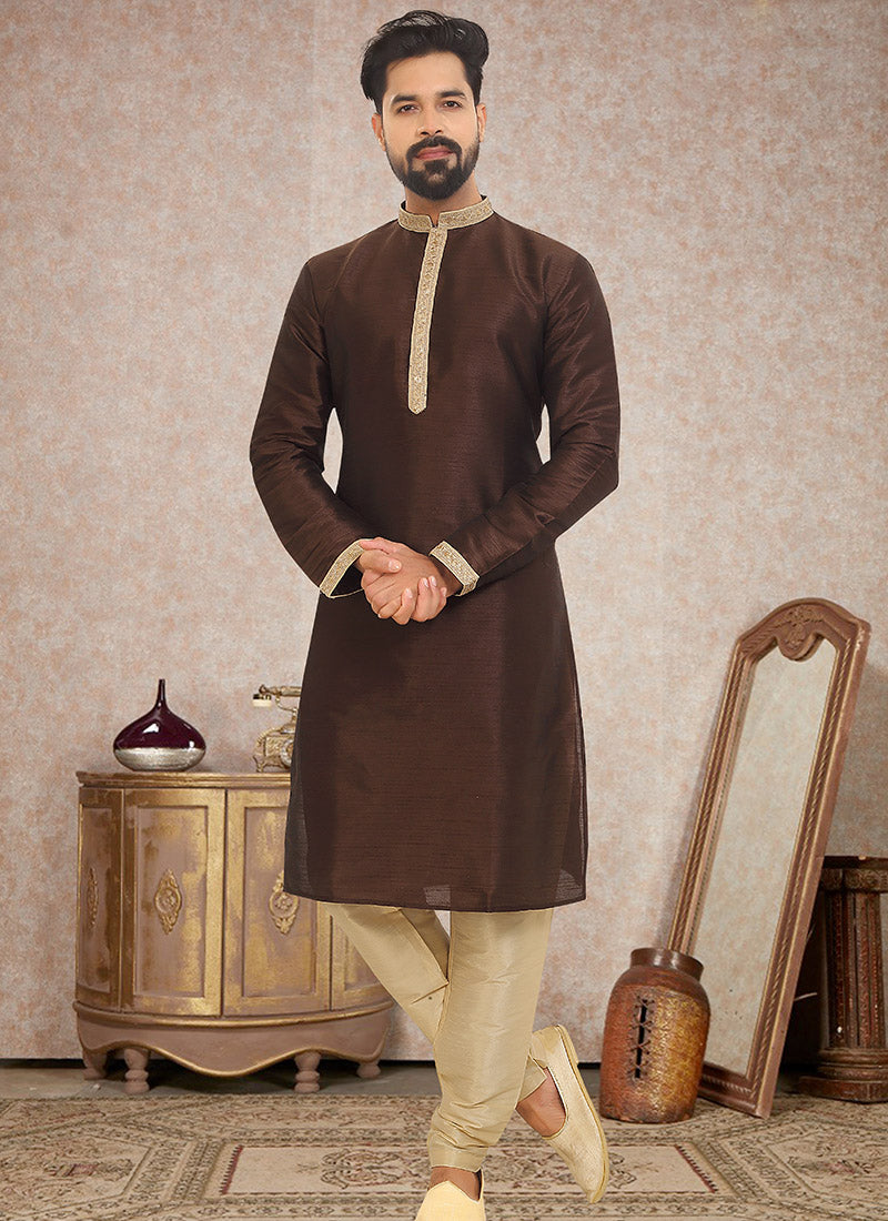 Brown Dupion Silk Men's Kurta Pajama