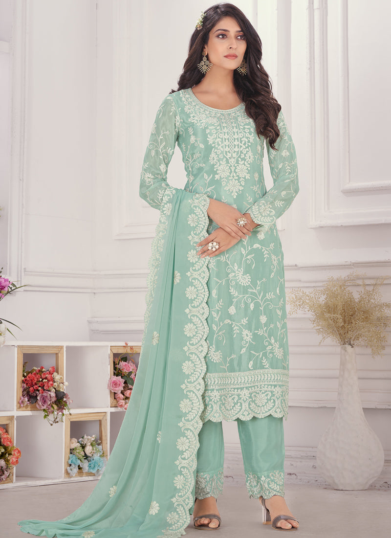 Aqua Green Pant Style Straight Salwar Suit